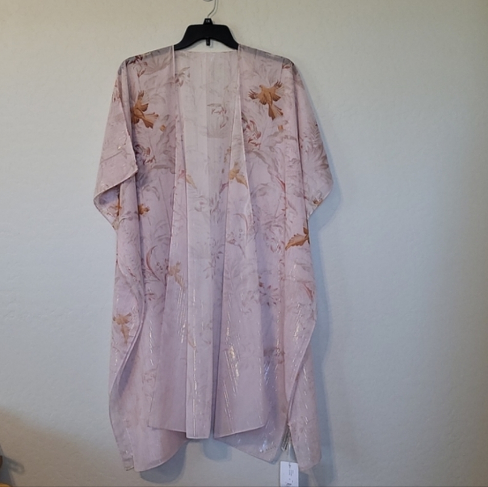 Ted Baker Rhiaa Rhapsody Kimono Pink Mettallic Threading Birds Floral Size OS - Picture 4 of 9